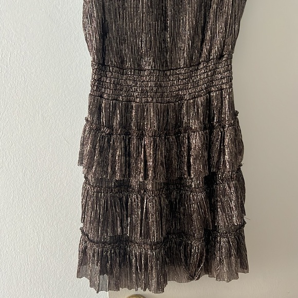 1. State. Smock Neck Sleeveless Fit & Flare Dress. Brown with Gold. Size S/M - Picture 2 of 7